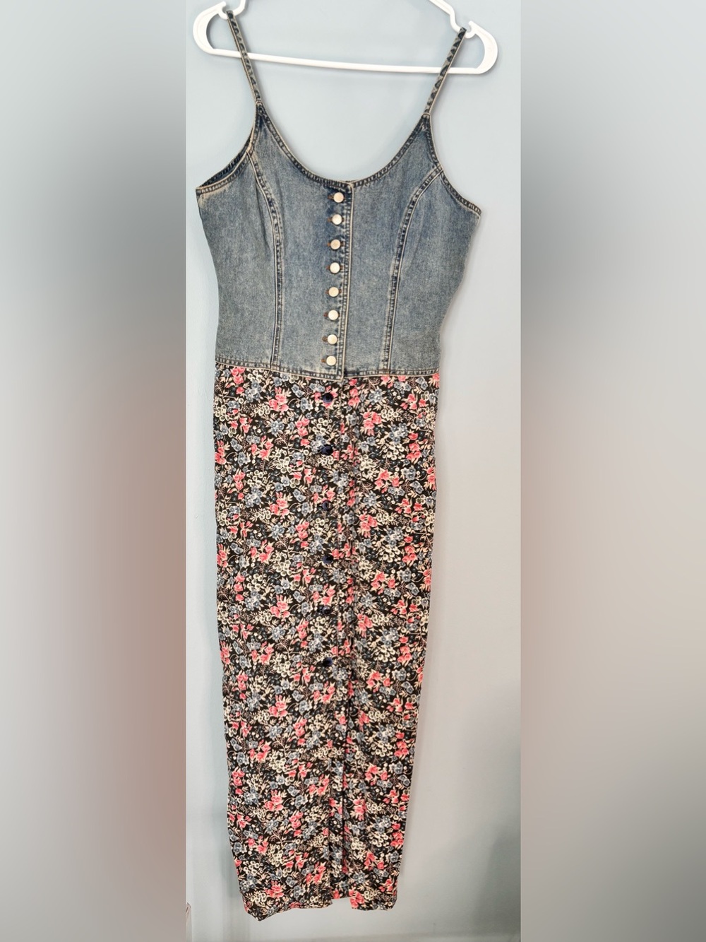 VTG Squeeze Denim Floral Womans Maxi Dress 80s Jean Dress  90s Grunge Size 5/6